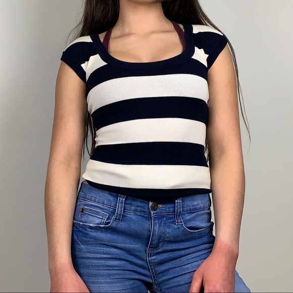 Derek Heart Scoop Neck Cap Sleeve Stripe Knit Top - Picture 3 of 12